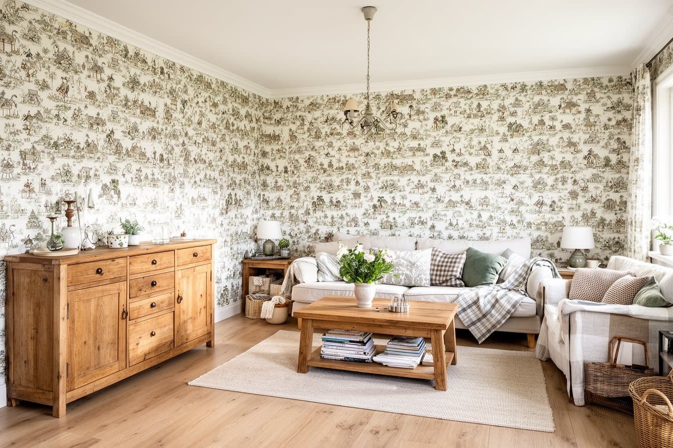 11 stilvolle Wege, wie Tapeten dein Wohnzimmer im Landhaus-Flair neu gestalten