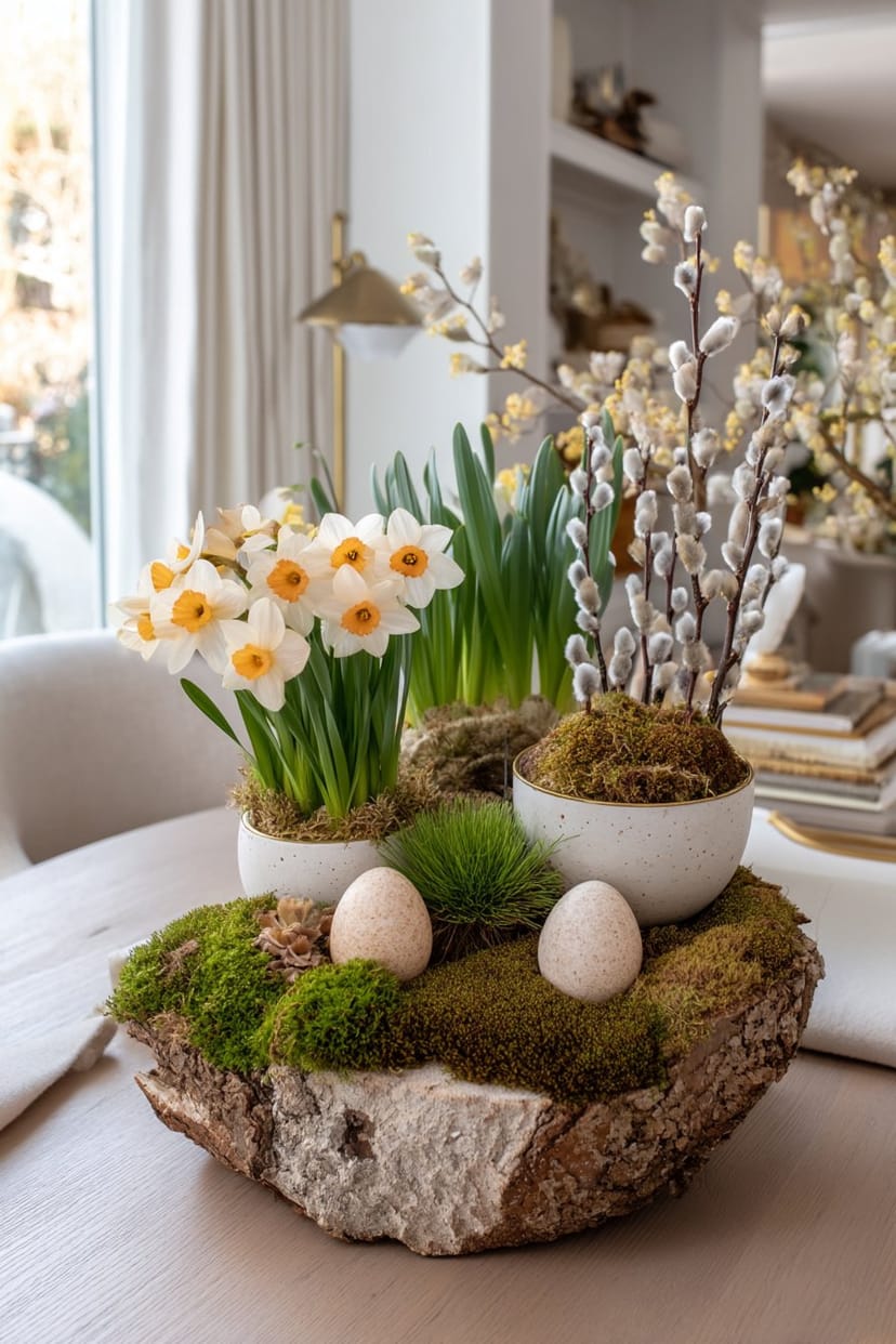 Baumscheibe mit Moos, Narzissen und Weidenkätzchen dekoriert