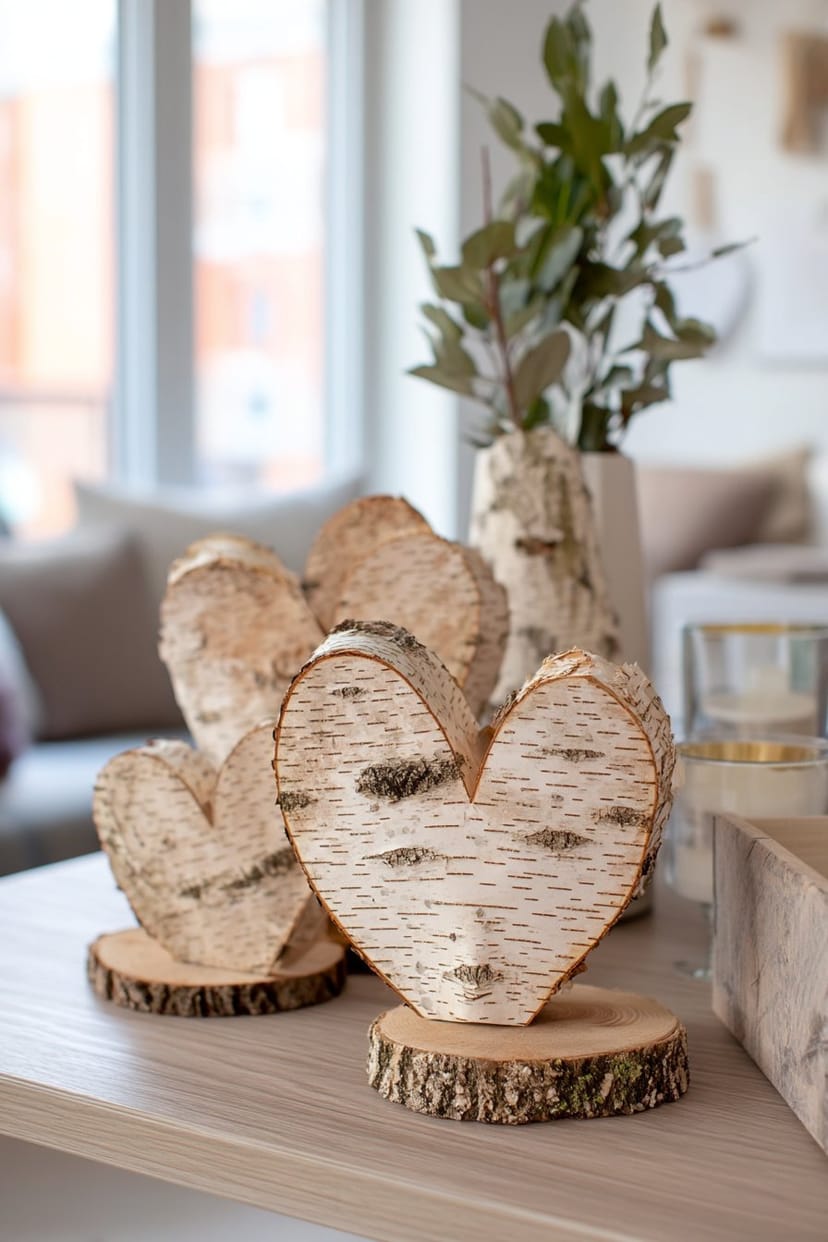 Herzaufsteller aus Birkenholzscheiben auf Tisch