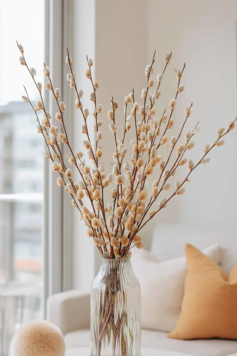 Glasvase mit Ästen und Weidenkätzchen, rustikale Frühlingsdeko