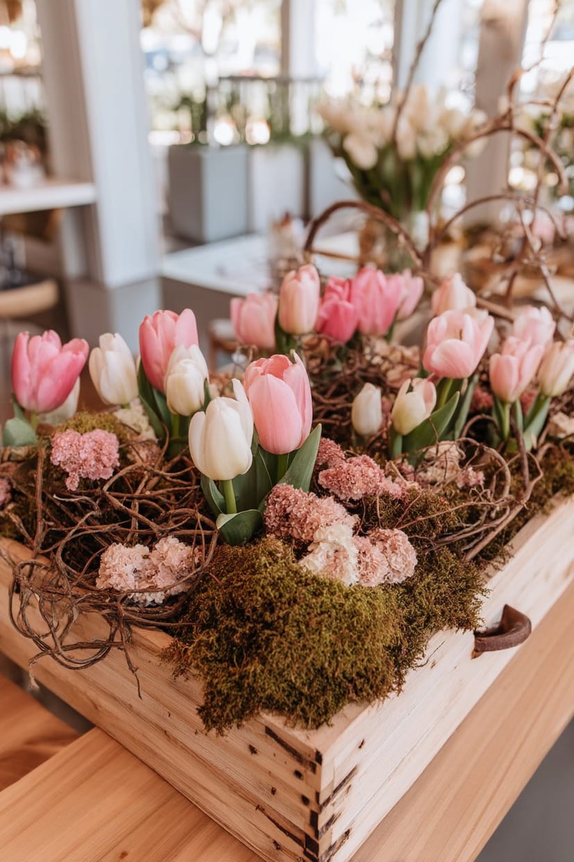 Holzkasten mit Tulpen Moos und Zweigen als Frühlingsdeko