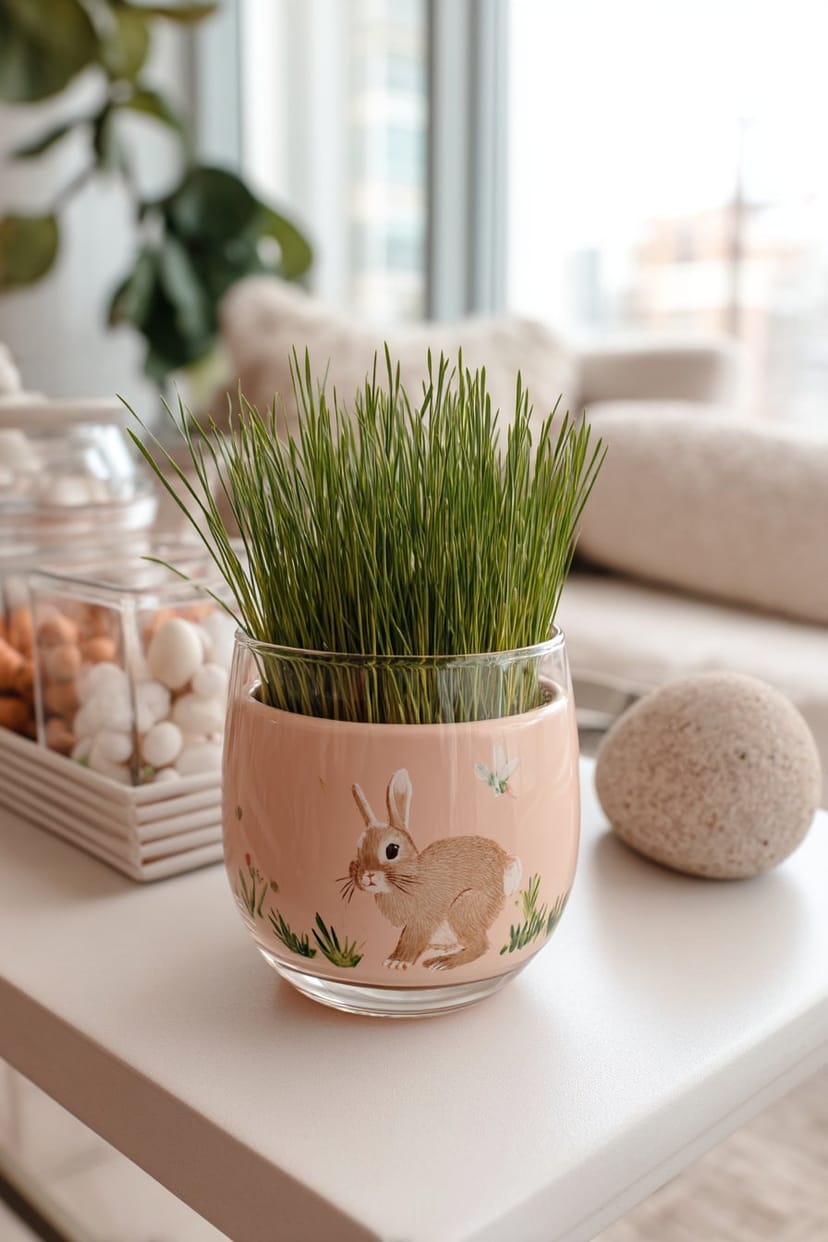 Kleines Glas mit Hasenmotiv und grünem Ostergras