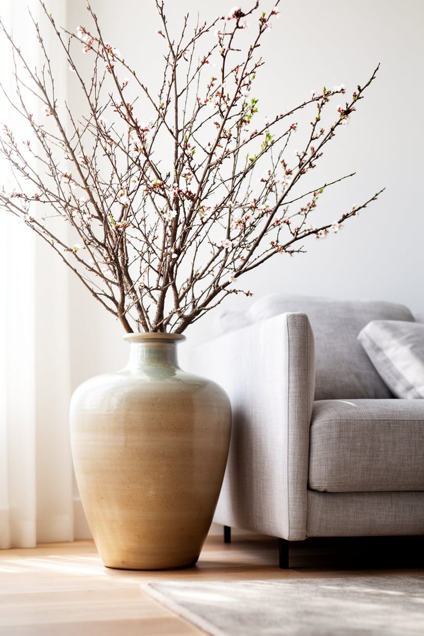 Große Vase mit Zweig und Blüten neben Sofa