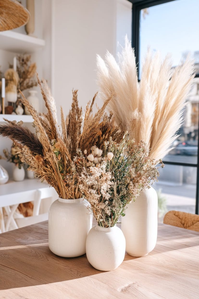 Boho-Vasen mit Trockenblumen als sommerliche Tischdeko