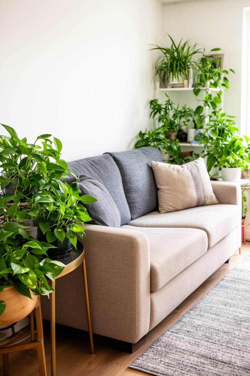 Skandi Landhaus Wohnzimmer mit grauem Sofa und Pflanzen