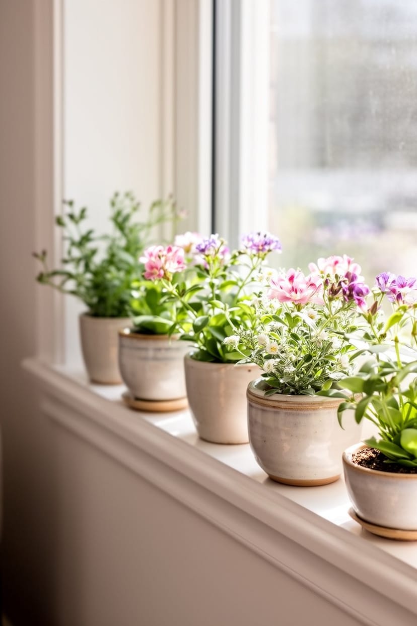 Fensterbank mit Blumen und Keramikvasen im Wohnzimmer