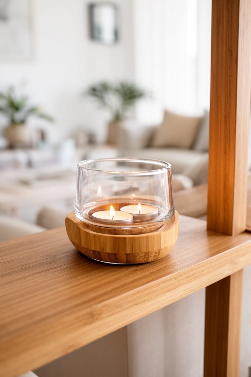 Glas- und Bambus-Kerzenhalter mit Teelichtern im Wohnzimmer