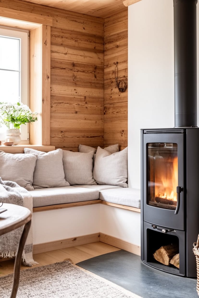 Wohnzimmer mit Ofenbank und Holzwänden im Landhausstil