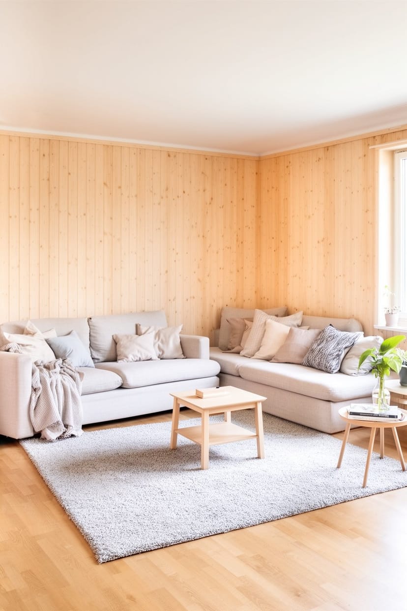 L-förmiges Wohnzimmer mit heller Holzvertäfelung im Skandi-Stil