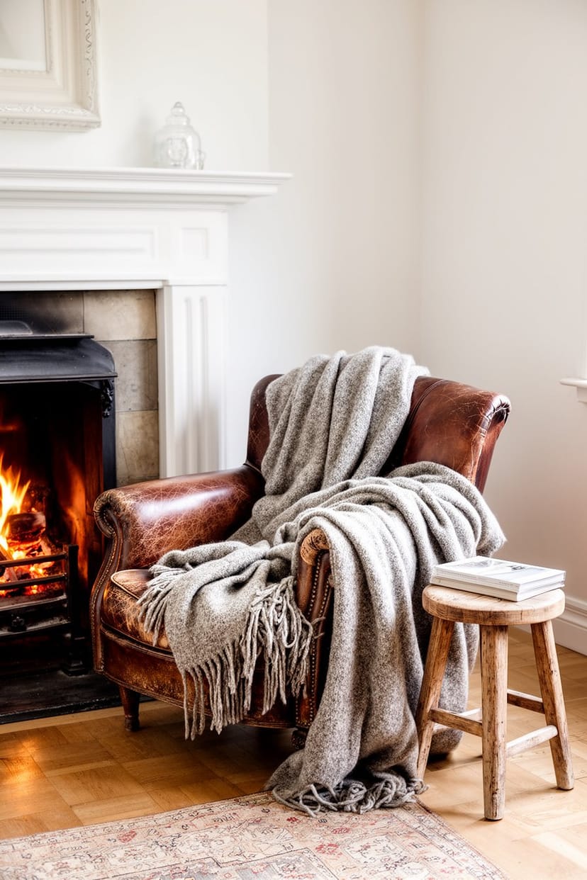Wohnzimmer mit Ledersessel, Kamin und Wollplaids