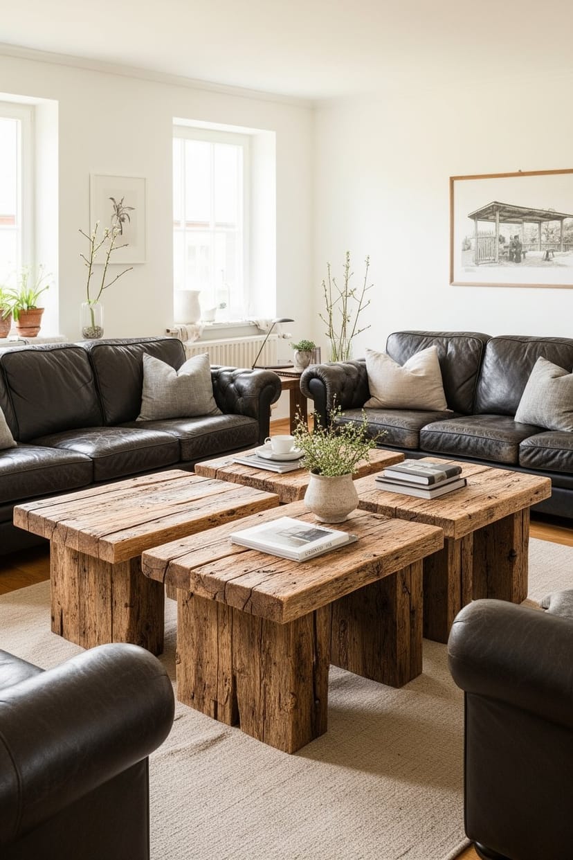 Wohnzimmer mit Ledersofas und rustikalen Holztischen