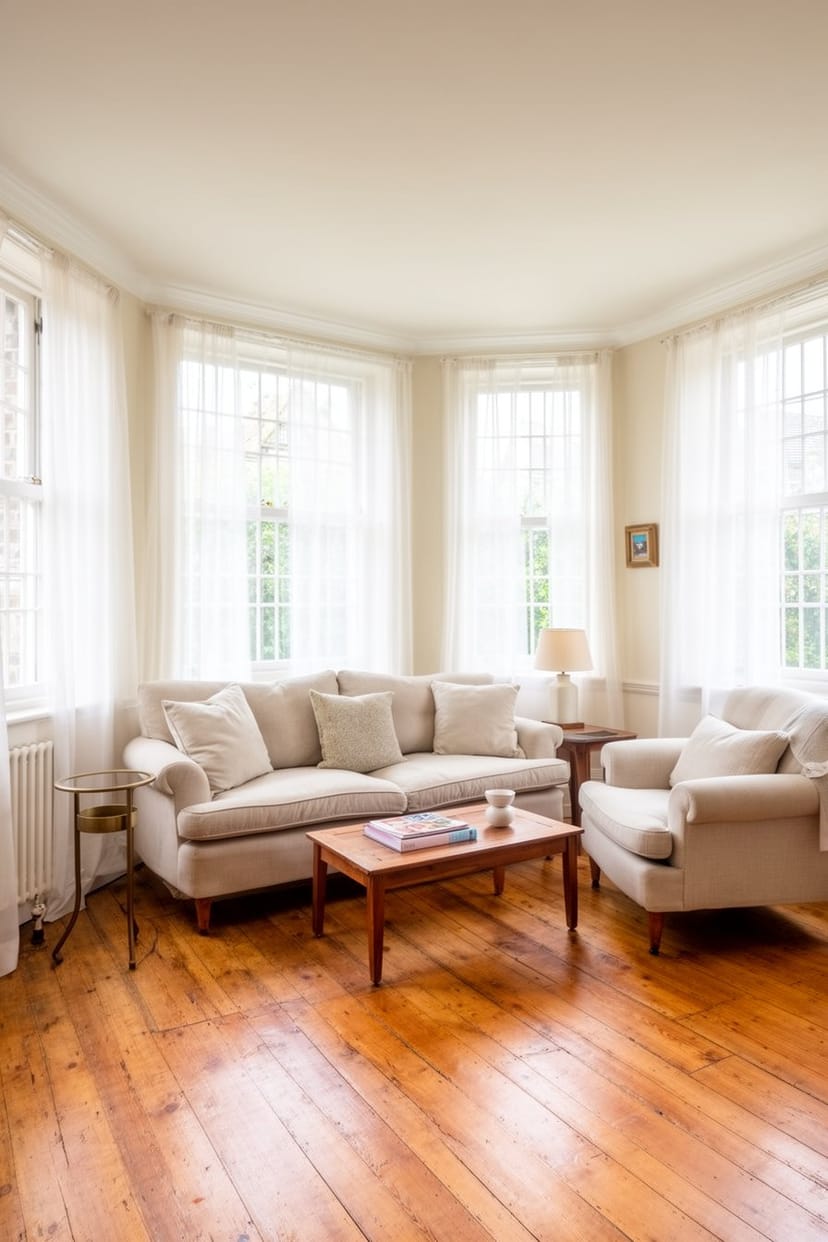 Wohnzimmer im Landhausstil mit Sprossenfenstern und Gardinen
