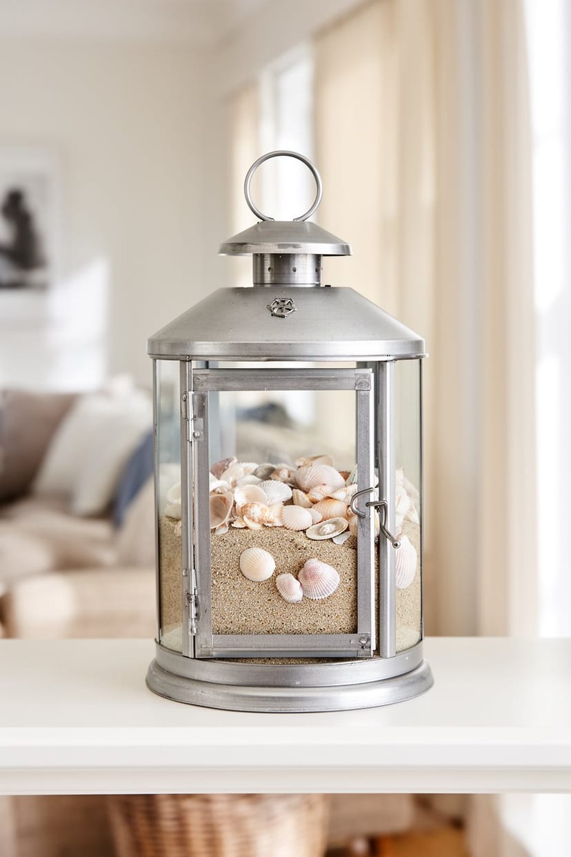 Maritime Laterne mit Sand und Muscheln im Wohnzimmer
