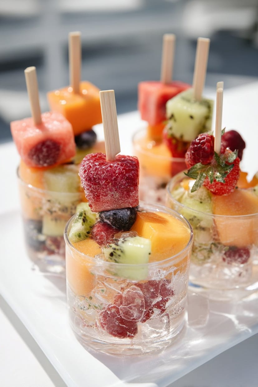 Bunte Obstspieße in Eisgläsern als Tischdeko