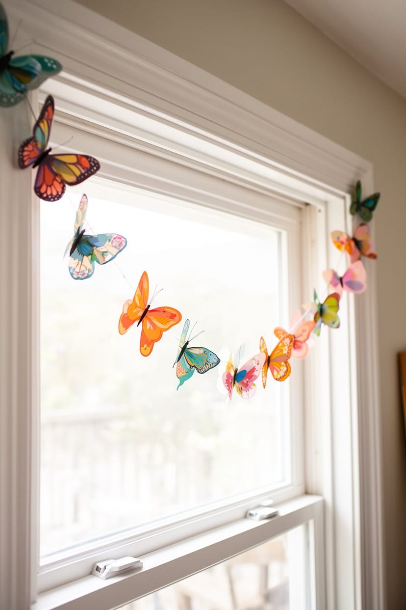 Papiergirlande mit Schmetterlingen am Wohnzimmerfenster