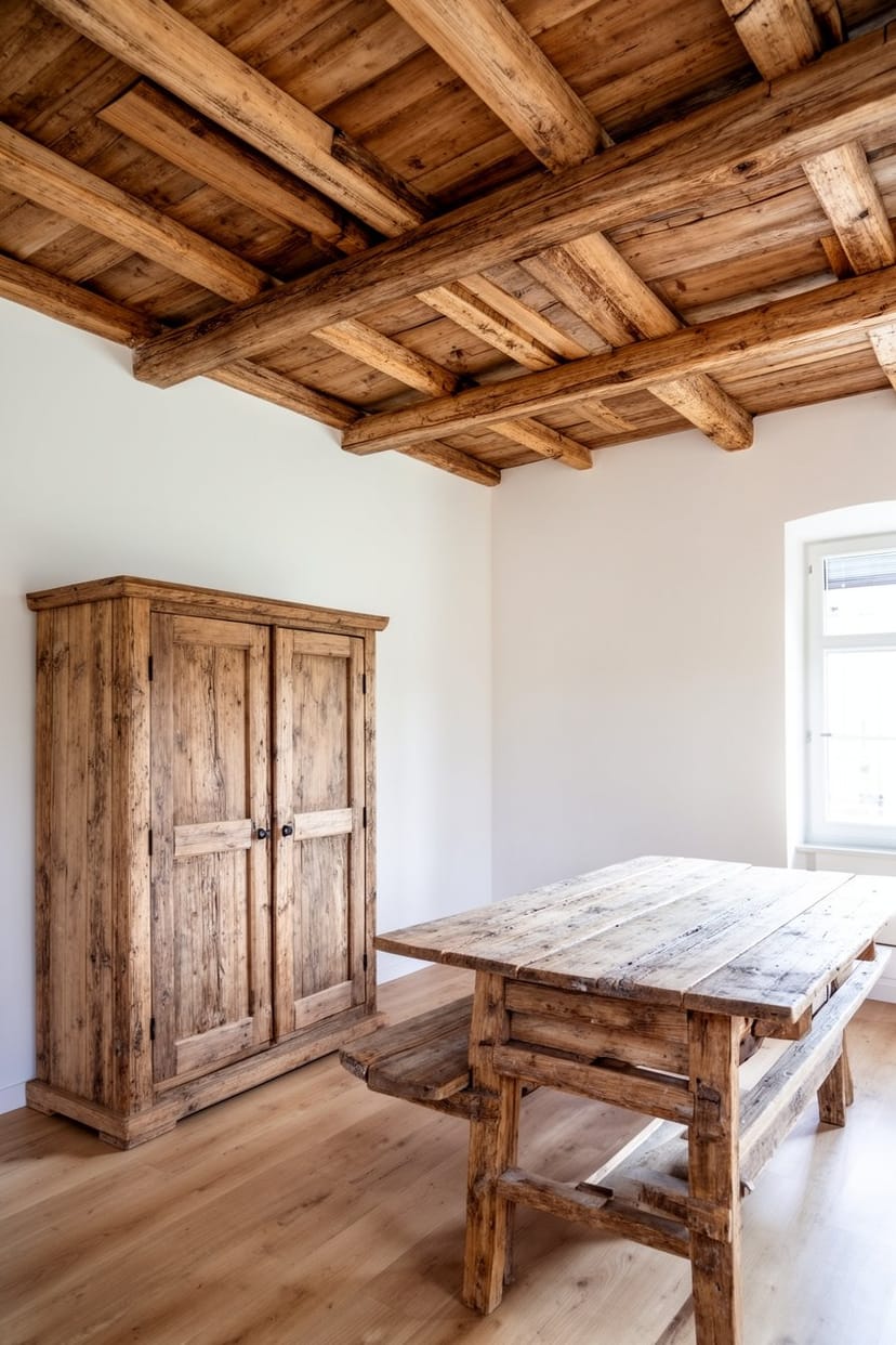 Wohnzimmer mit Holzbalkendecke und rustikalen Möbeln