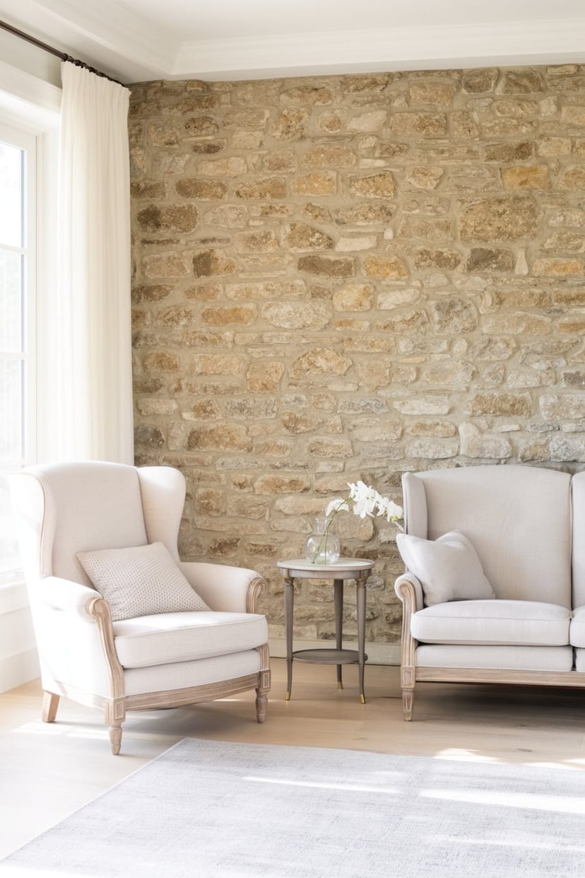 Wohnzimmer mit Steinmauer und eleganten Sesseln