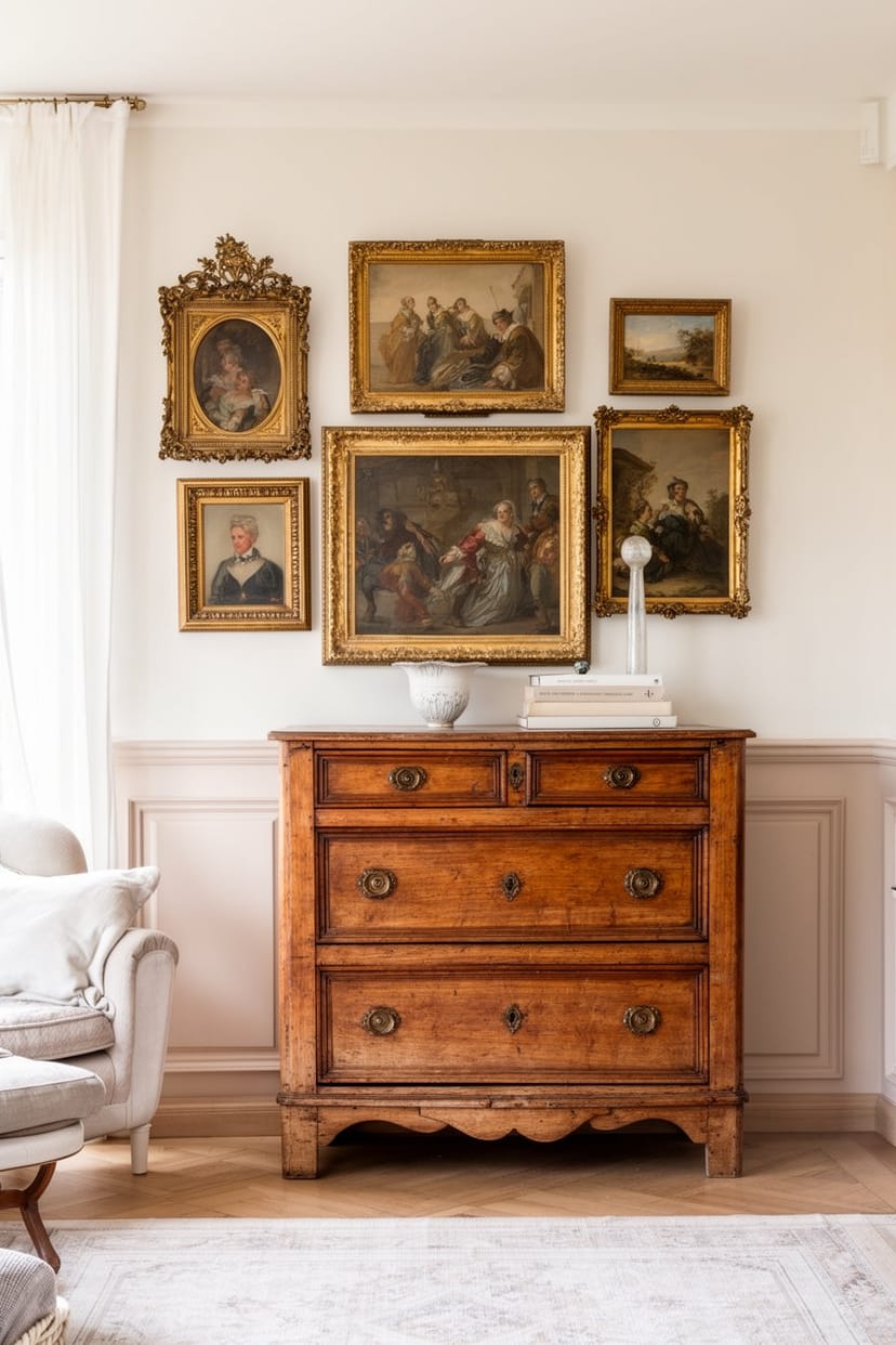 Wohnzimmer mit Vintage-Kommode und barocken Bildern