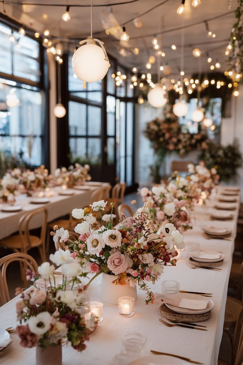 Lichterketten und Blumen auf Hochzeitstafel im Sommer