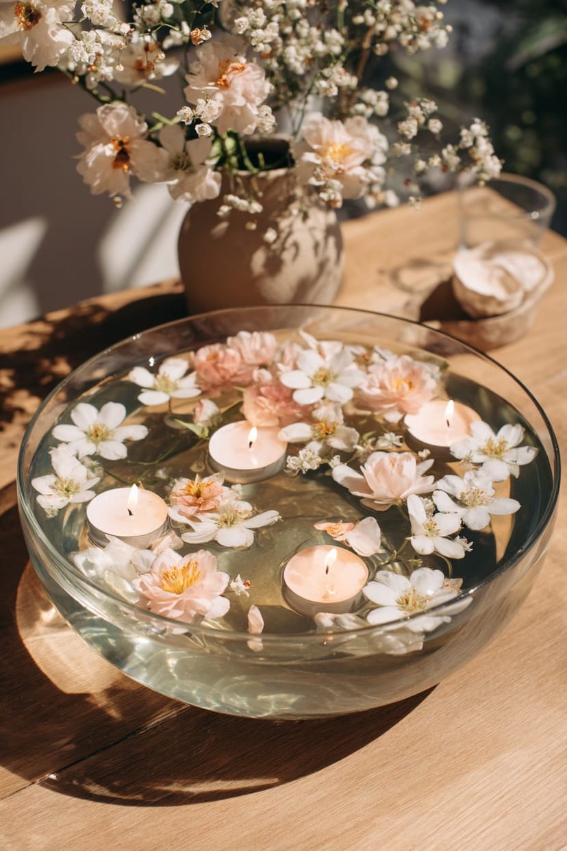 Schwimmkerzen und bunte Blüten in Glasschale