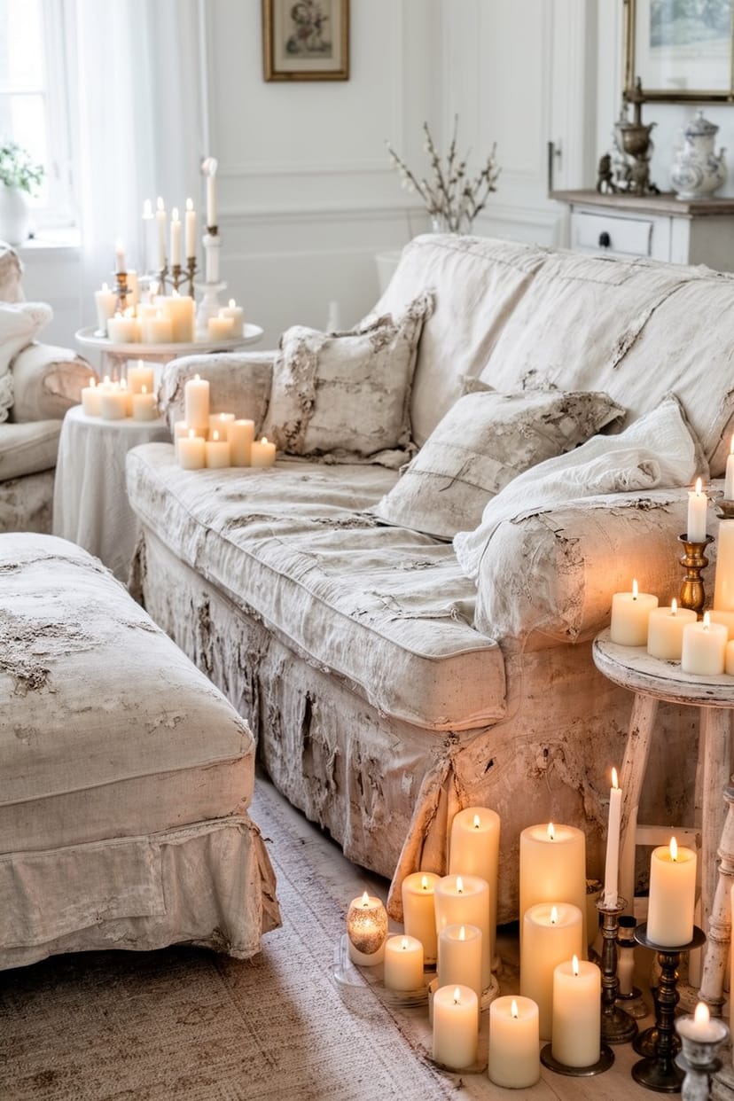 Shabby Chic Sofa mit vielen Kerzen im Vintage Landhausstil