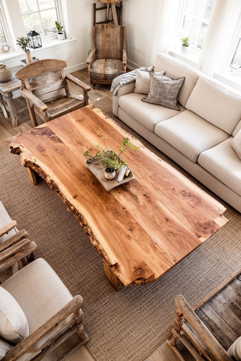Wohnzimmer im Bauernhausstil mit massivem Holztisch