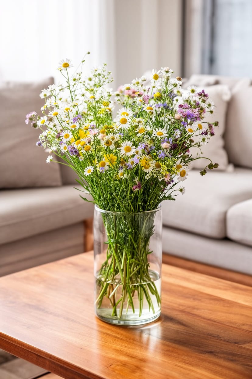 Wildblumen in Glasvase auf Couchtisch Wohnzimmer