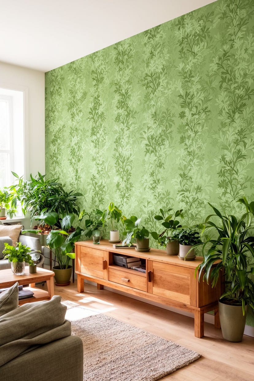 Landhaus Wohnzimmer mit grüner Tapete und Holzmöbeln