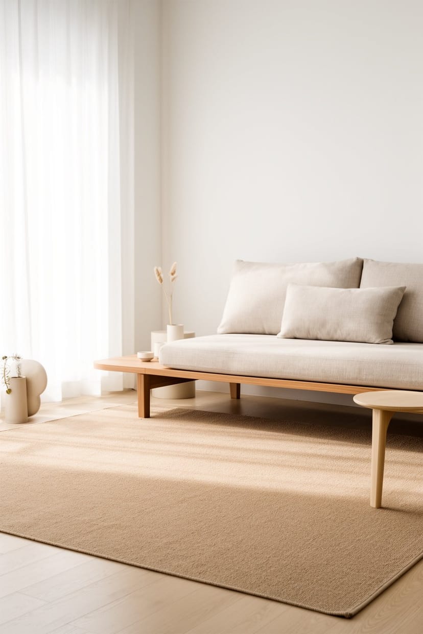 Modernes Wohnzimmer mit neutralem Sofa und beigem Teppich