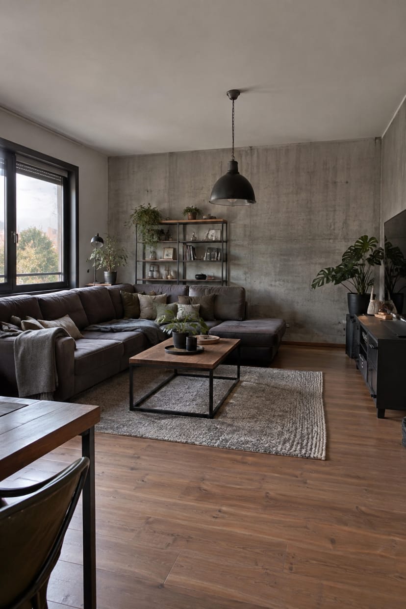 Industrial L-Form Wohnzimmer mit Betonwand