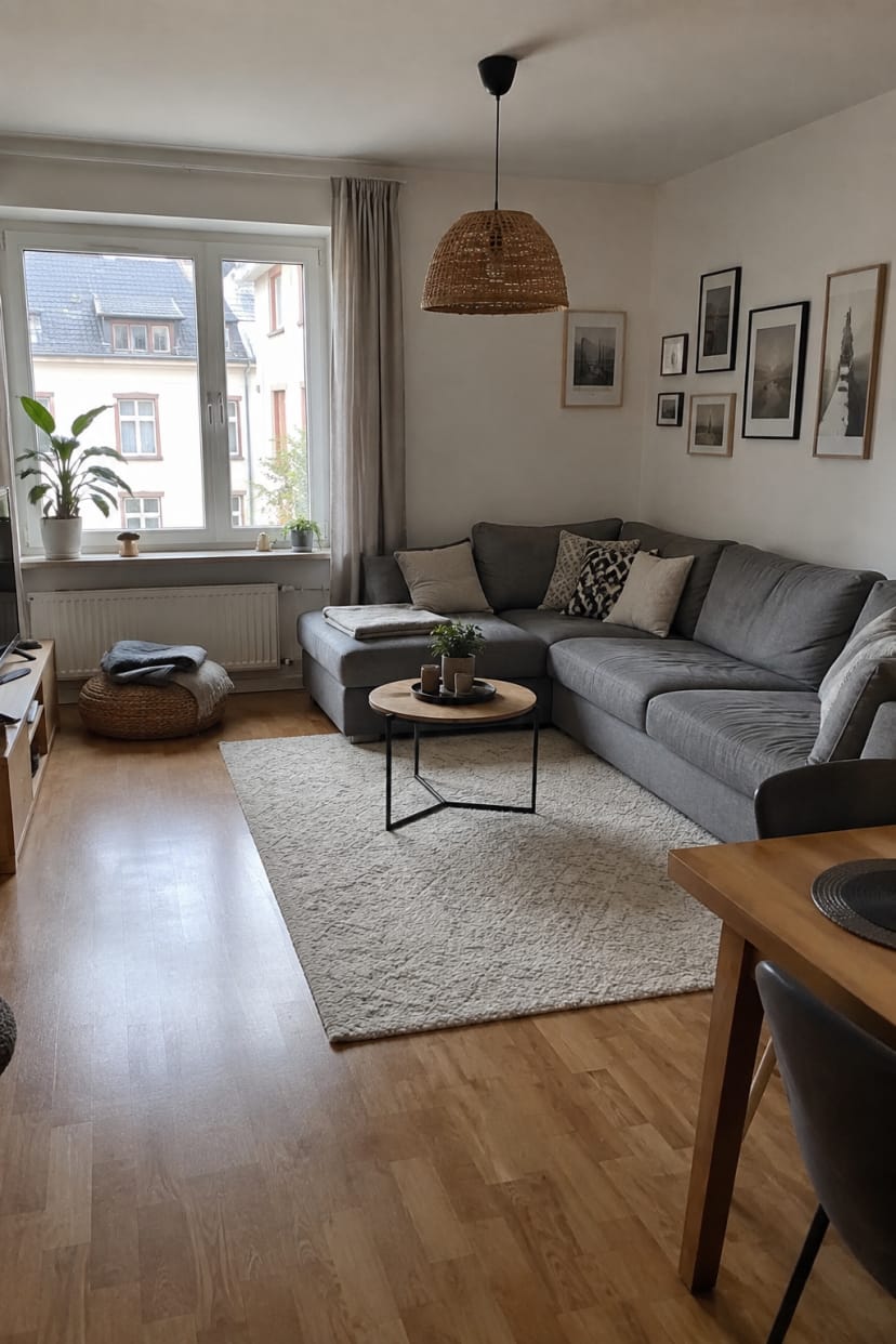 Kompaktes Ecksofa in kleinem L‑förmigen Wohnzimmer