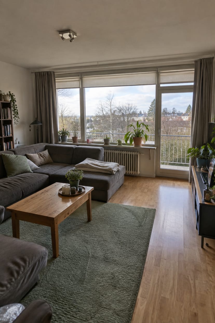 L-Form Wohnzimmer mit grosser Fensterfront und Sitzbereich