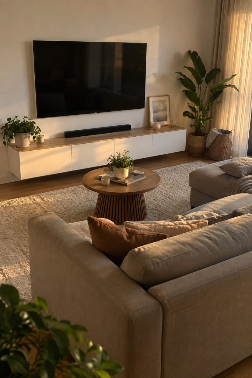 TV-Wand an kurzer Raumseite mit Sofa