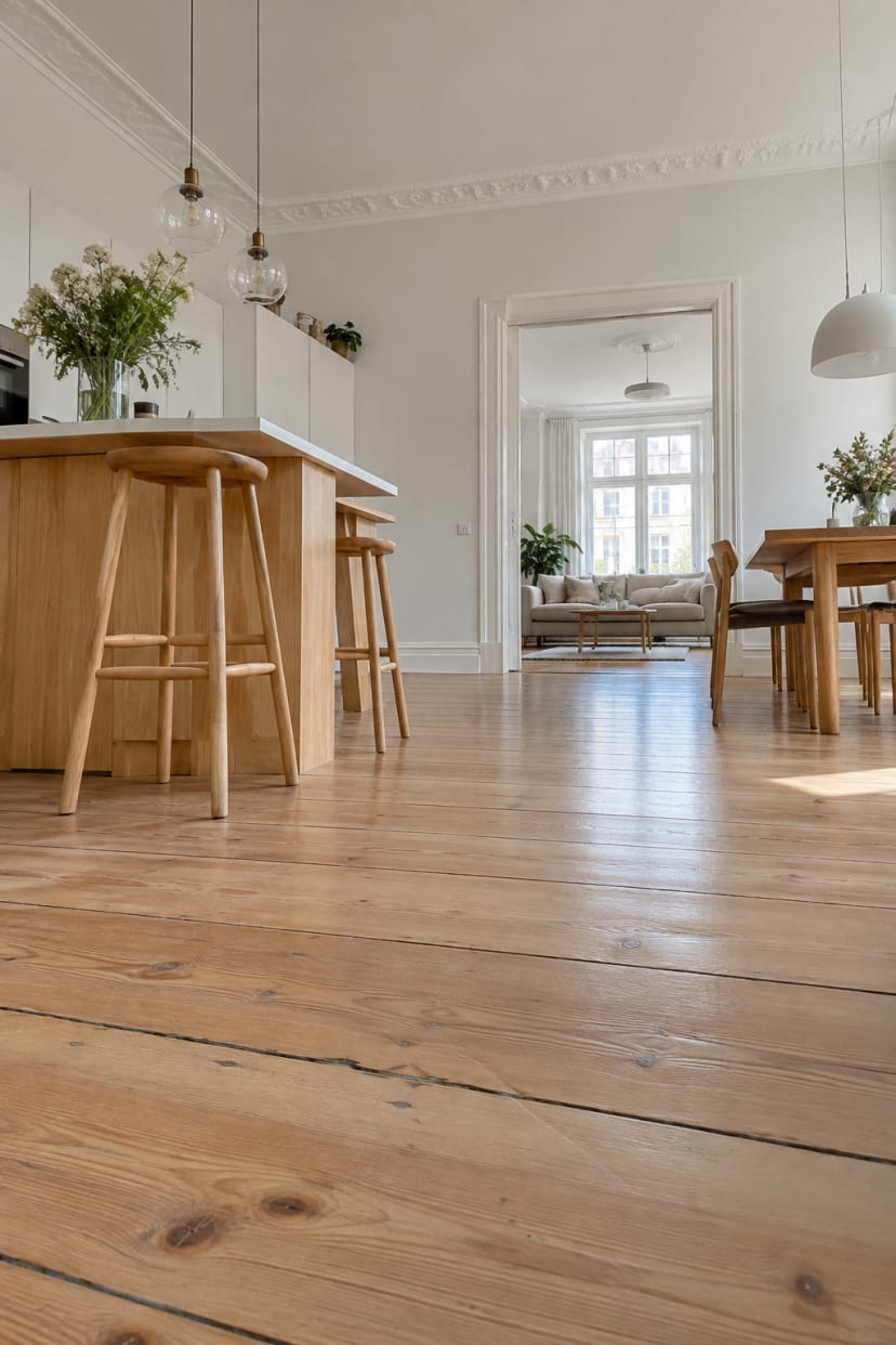 helle Altbauküche mit natürlichem Holzfußboden