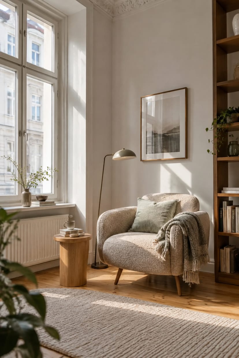Skandinavische Leseecke mit Sessel und Stehleuchte