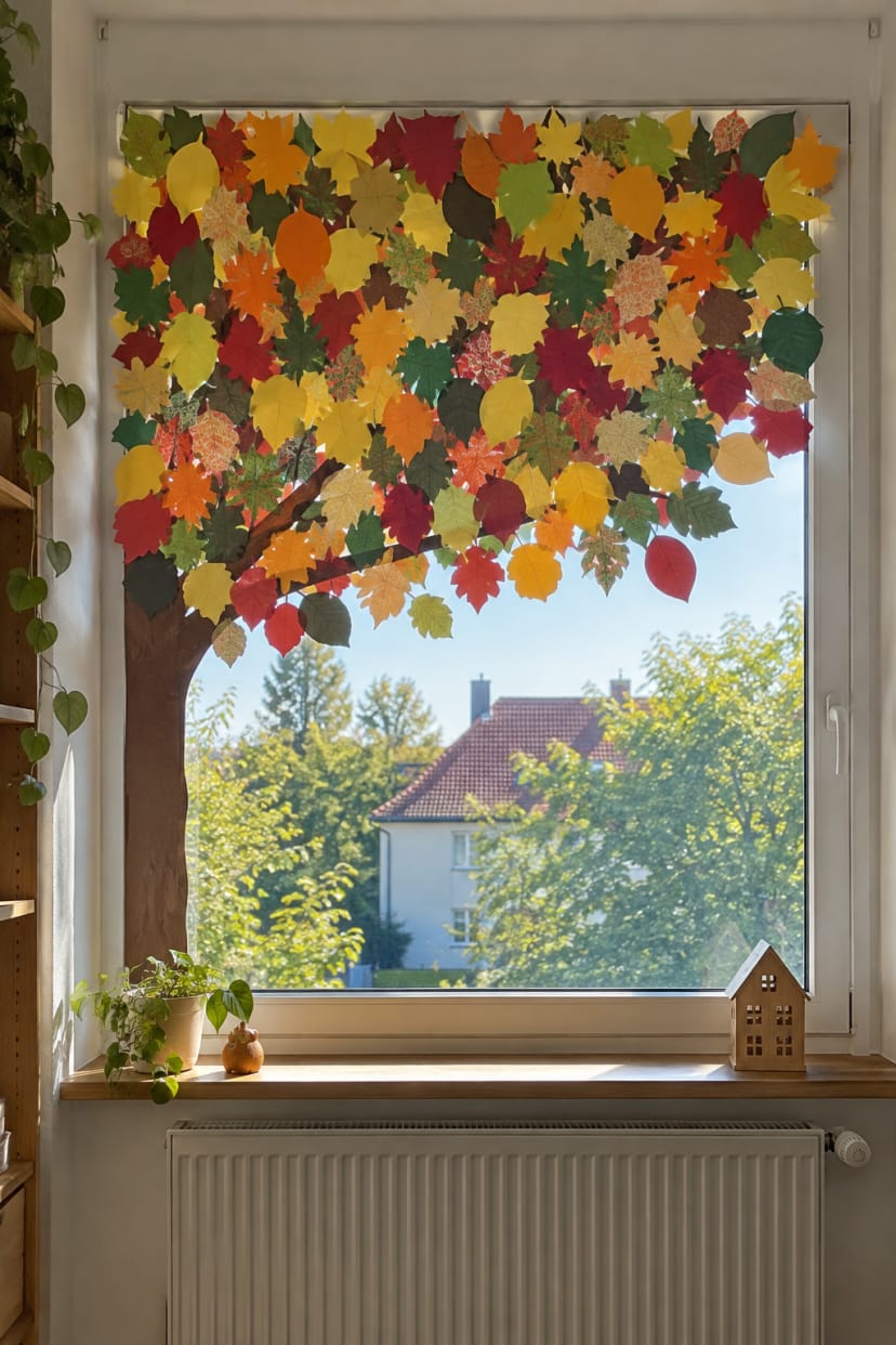 Fenster mit bunter Papierbaumkrone im Herbst