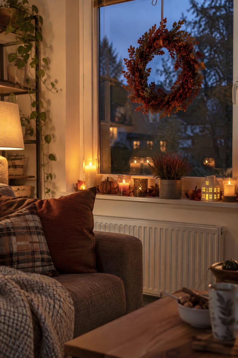 Beerenring vor Fenster mit Kerzen