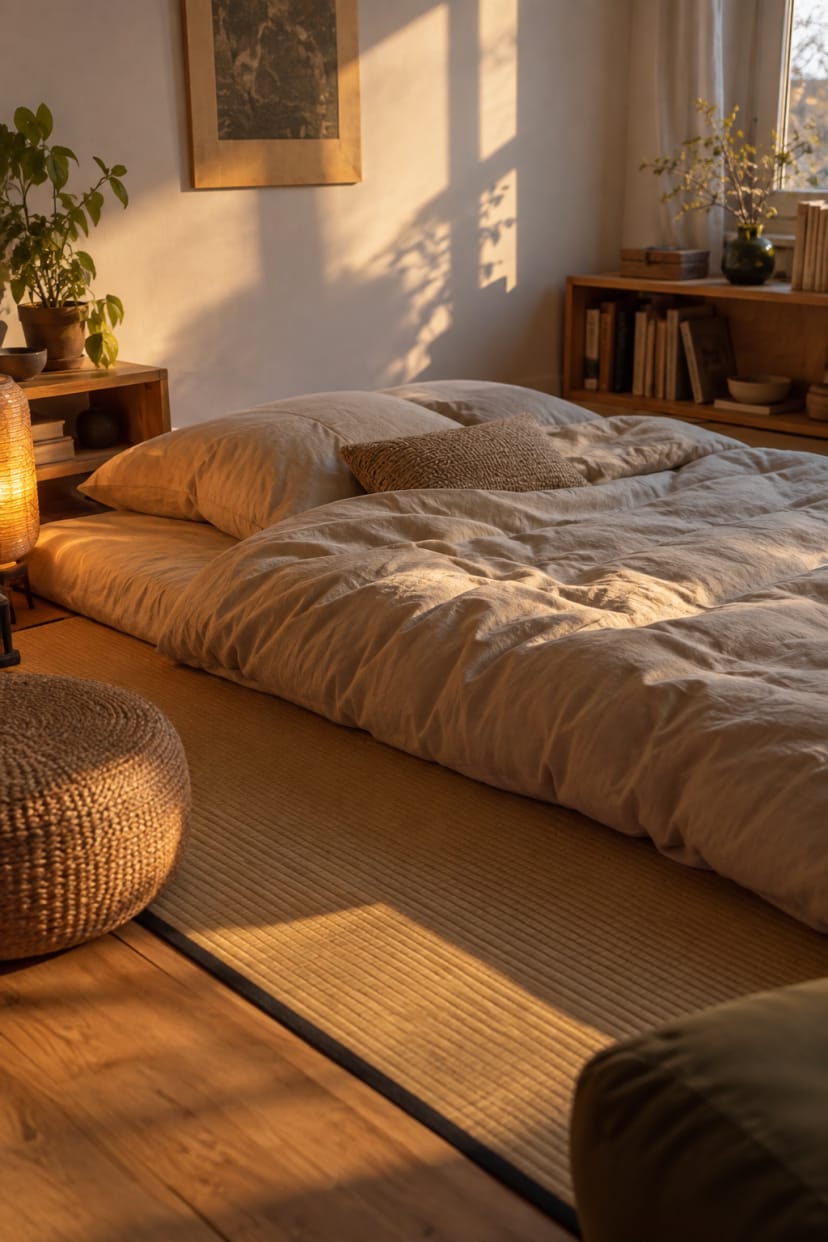 Beiges Schlafzimmer mit mittigem Bodenfuton