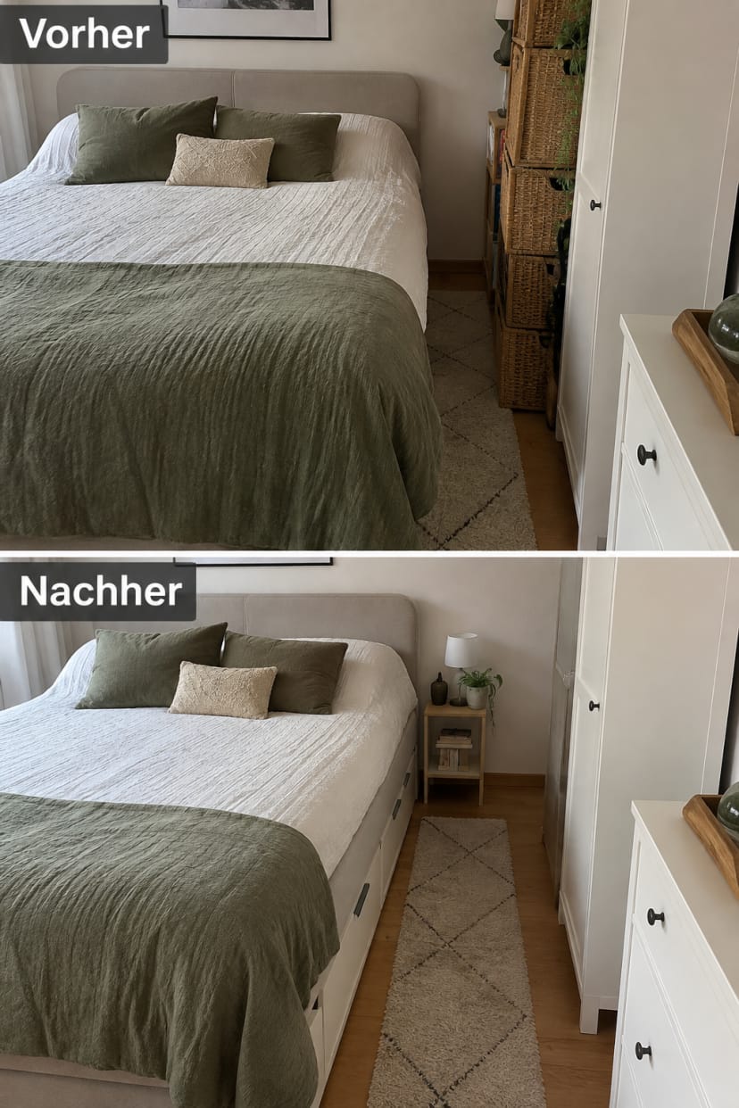 Bett mit offenem Stauraum vorher nachher