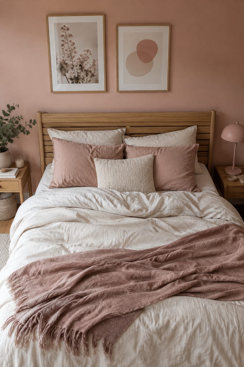 Kopfteil vor rosa Wand im Schlafzimmer
