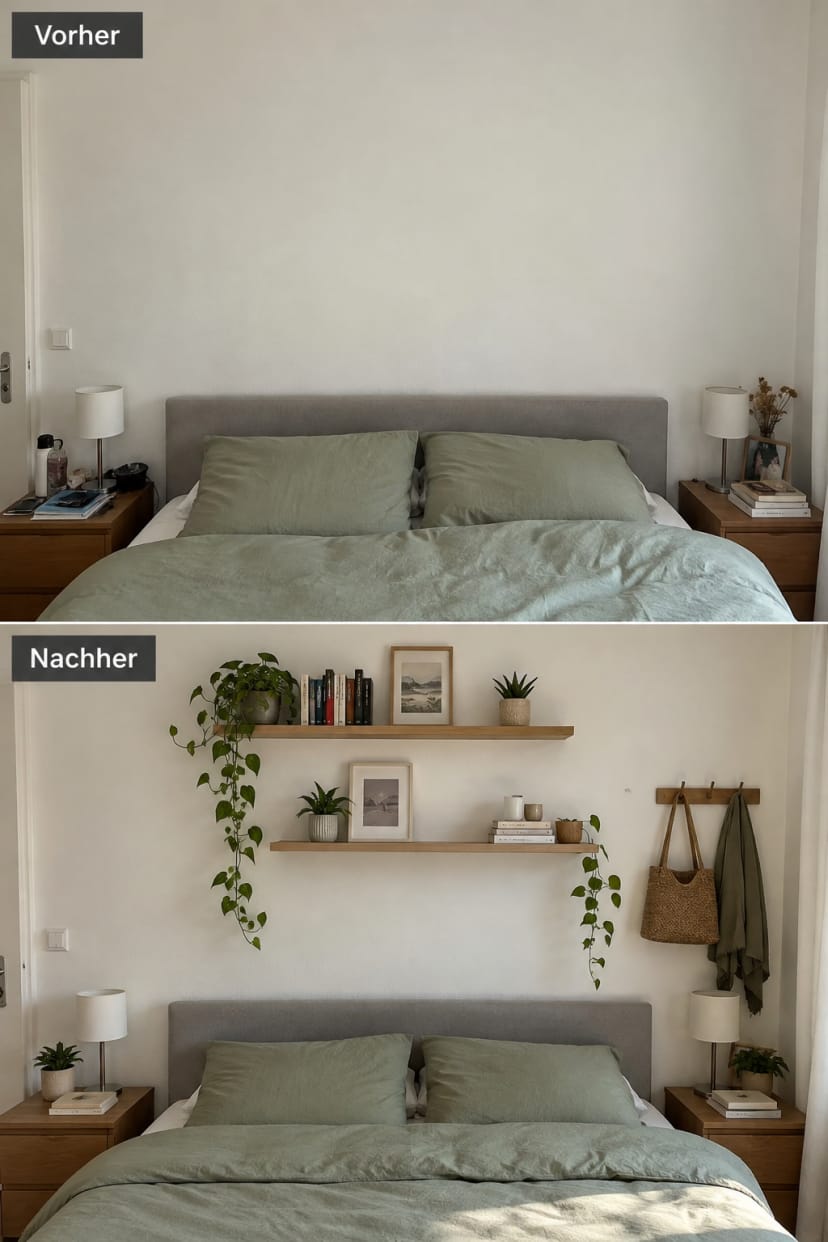 Wand hinter Bett vorher nachher mit Regalen