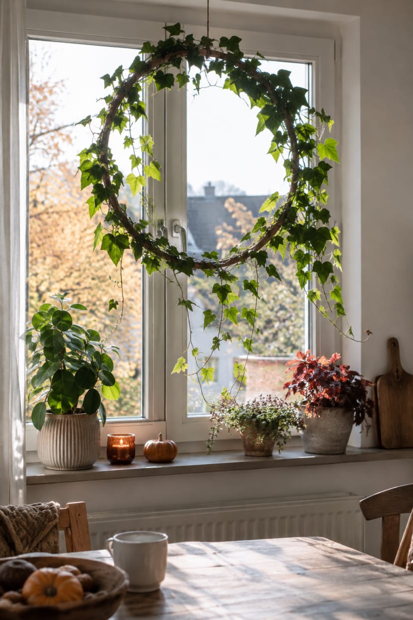 Ring mit efeu vor hellem Fenster
