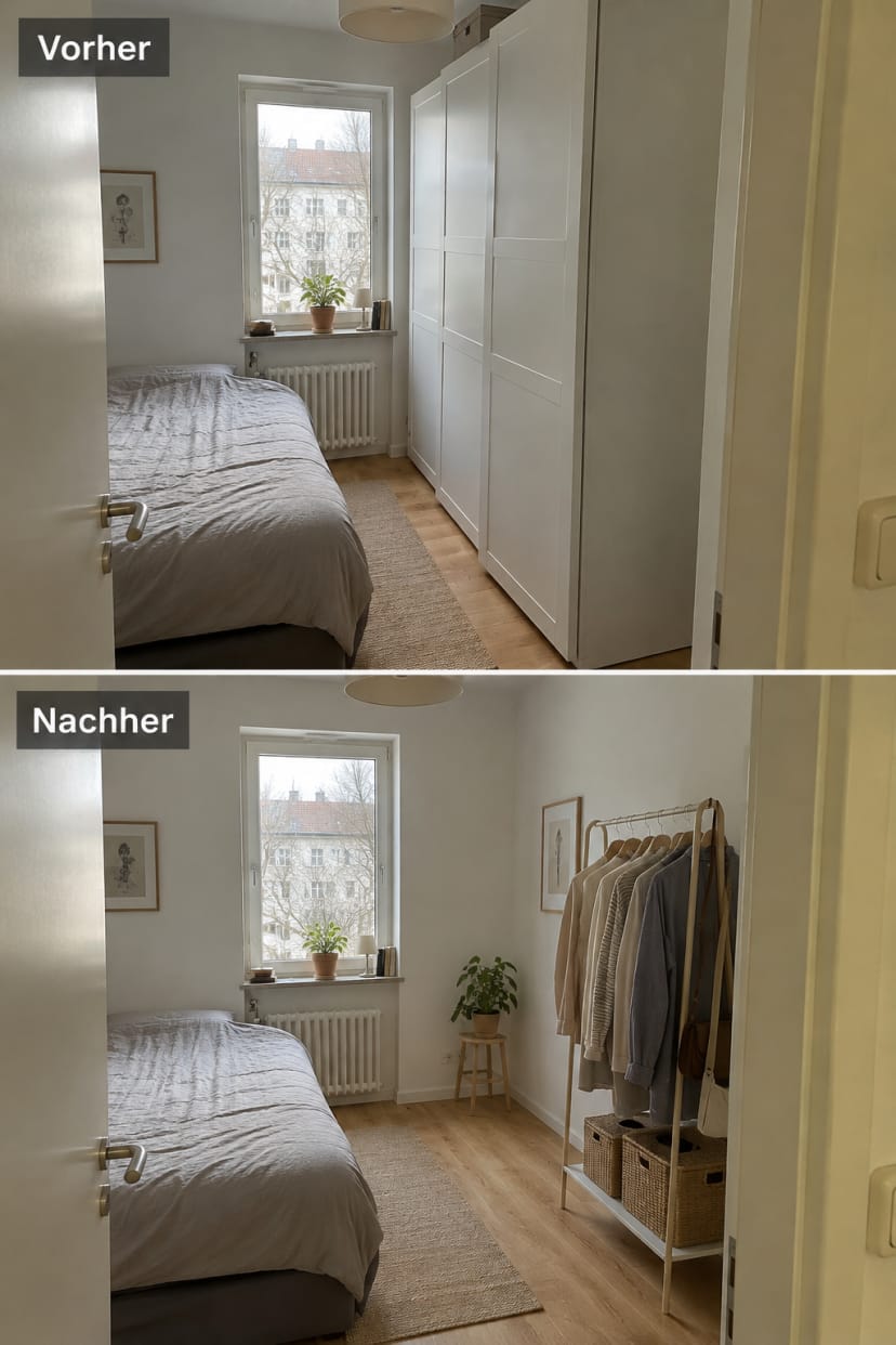 Schlafzimmer vorher nachher ohne Schrank