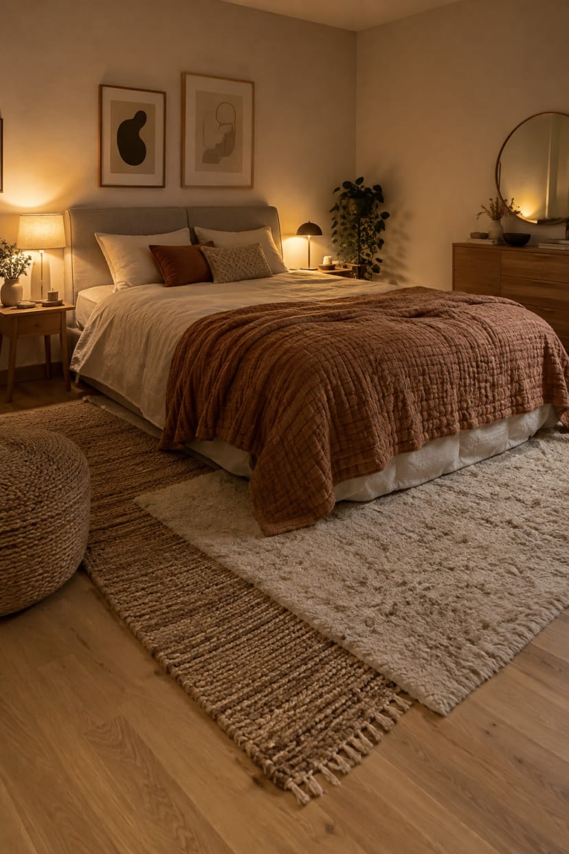 Warm wirkender Teppich neben Bett