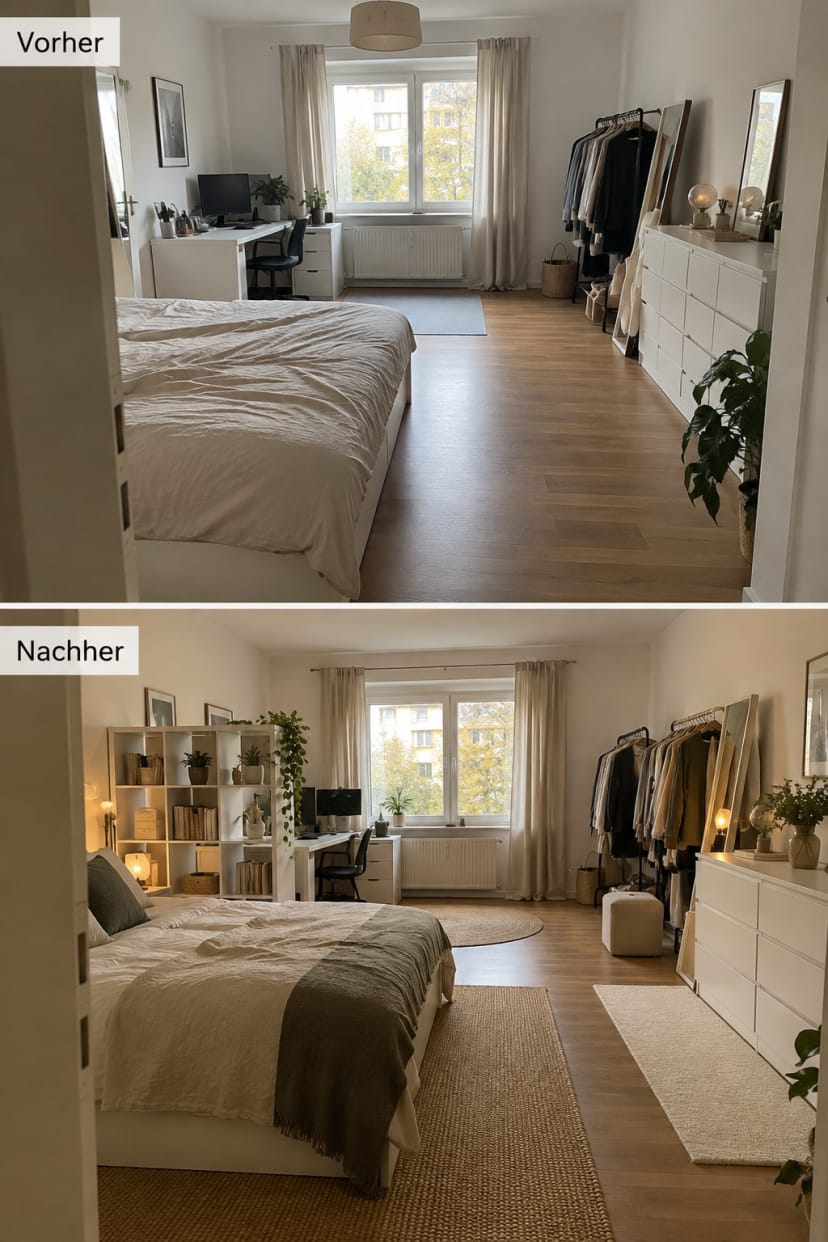 Schlafzimmer vor und nach klarer Zonierung