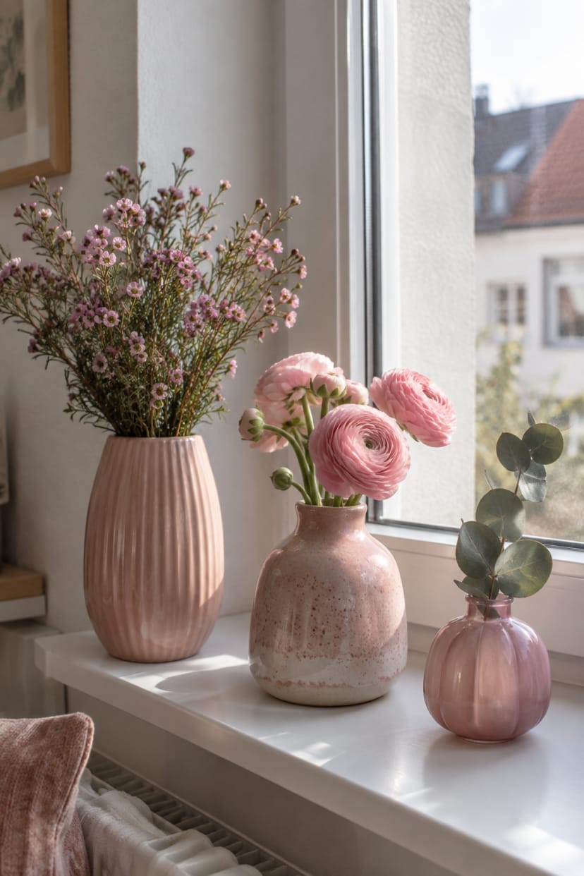 Fensterbank mit drei rosa Vasen und Blumen