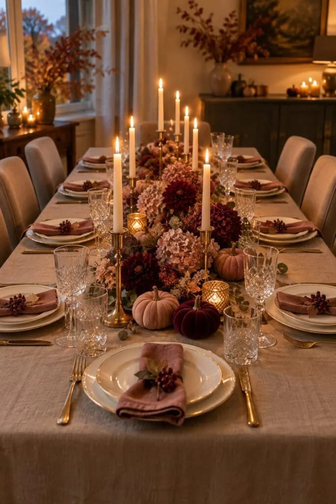 Lange Tafel: herbstlich gedeckter Tisch mit Decke in Taupe, getrockneten Hortensien, Samtkürbissen und Stabkerzen in Messing