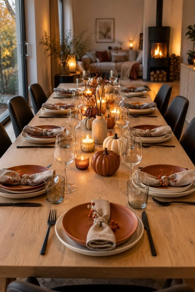 Lange Tafel: herbstlich gedeckter Tisch ohne Decke mit Keramik in Weiß und Terrakotta, Keramik-Kürbissen und Glaswindlichtern