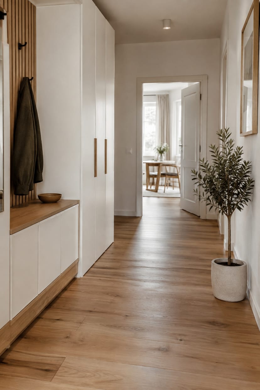 Topfpflanze neben Einbauschrank und Dielen