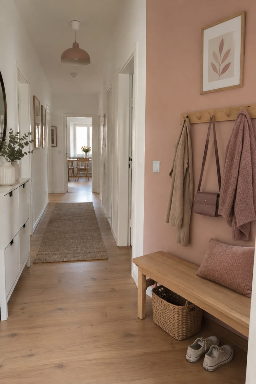 heller Flur mit rosa Wandakzent und Holzbank